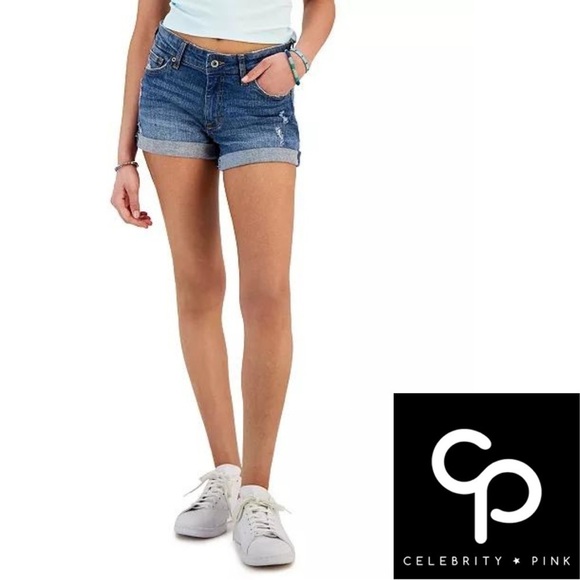 CELEBRITY PINK Juniors' Mid-Rise Roll-Cuff Basic Brixton Denim Shorts - 5/27 - Picture 1 of 10